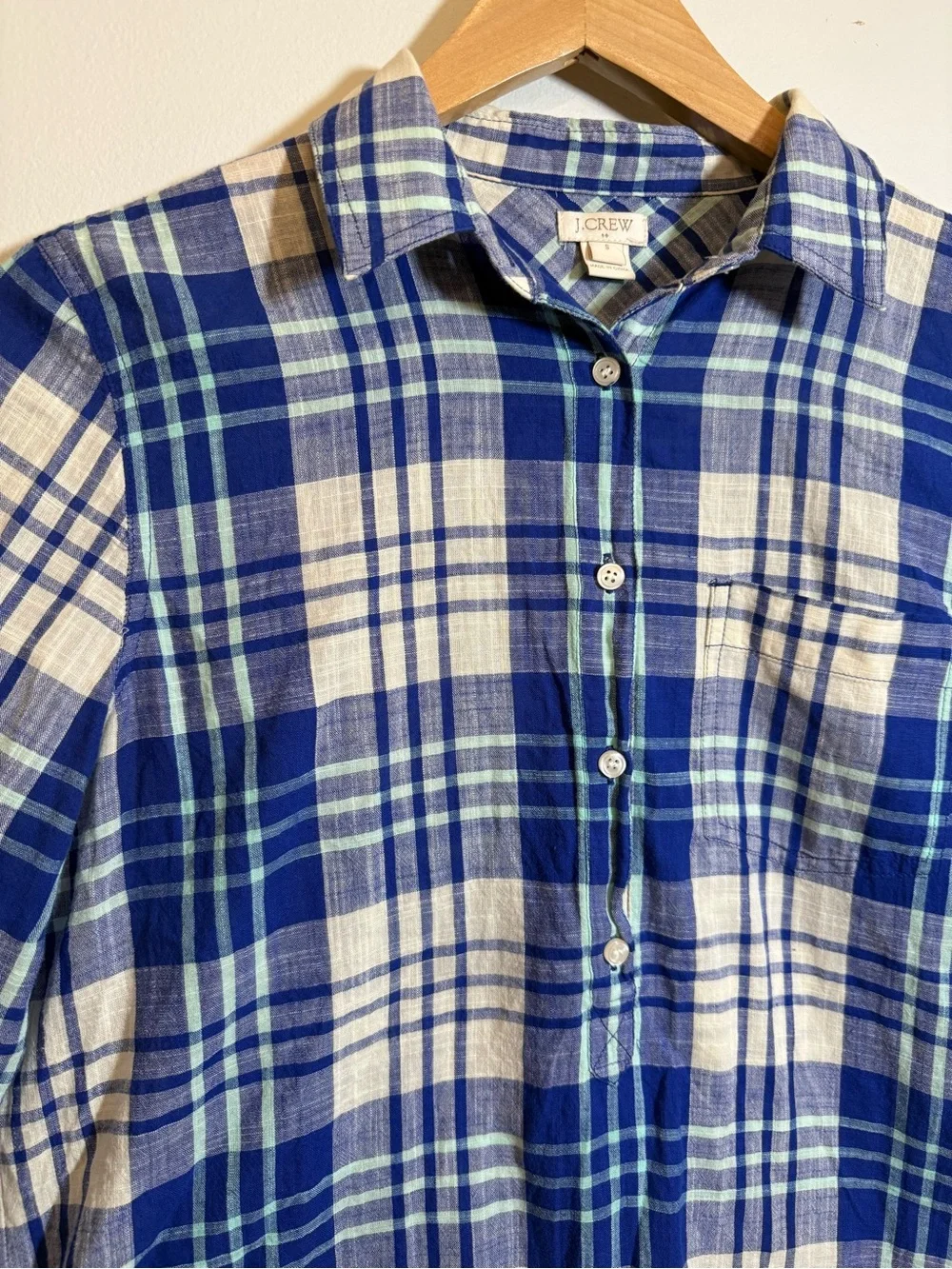 Blue Cream Plaid Cotton Popover Shirt Partial Button Placket Preppy Coastal Sz S